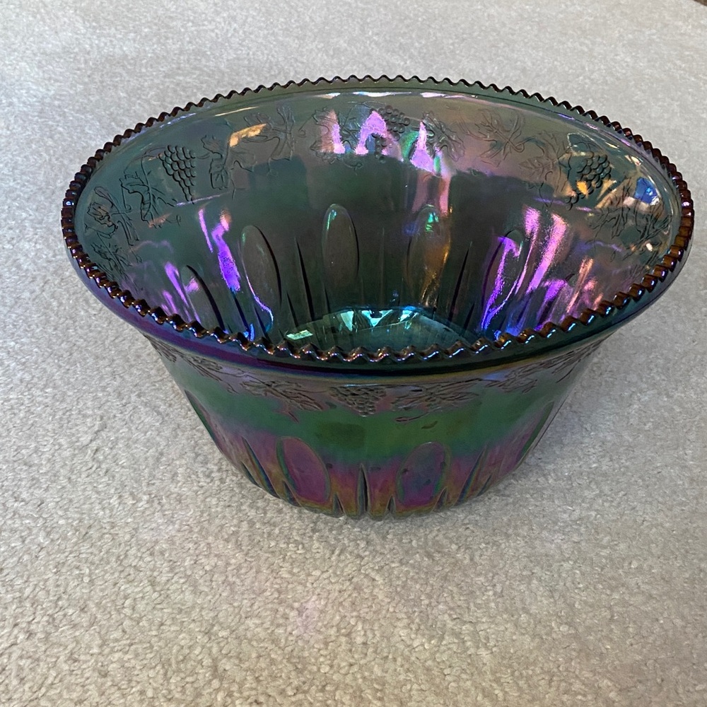 Iridescent Carnival Glass Decorative Punch Bowl Blue Green - Picture 13 of 15